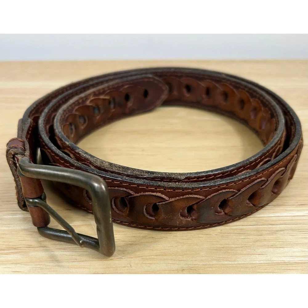Dockers Braided Loop Belt Mens 38 Brown Leather Woven Casual Rustic Burnished